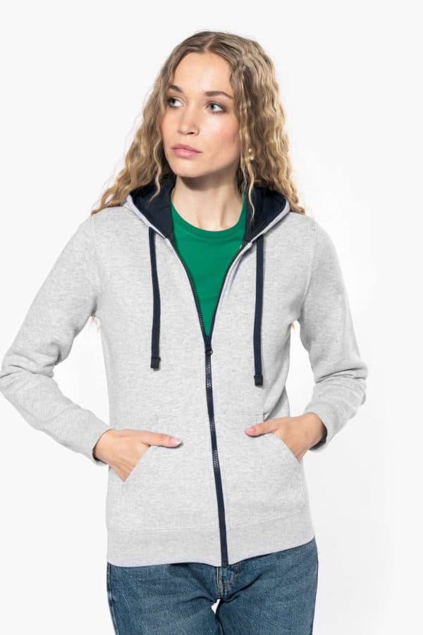 KA467 LADIES’ CONTRAST HOODED FULL ZIP SWEATSHIRT